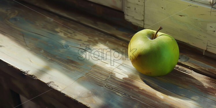 A green apple on a rustic wooden table - Starpik Stock