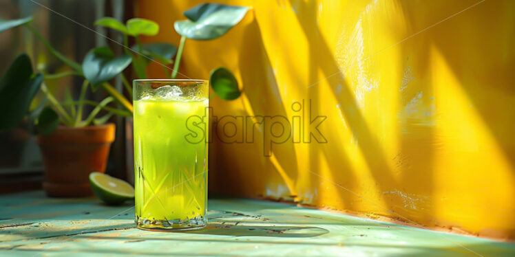 A green cocktail with ice on a yellow background with tropical leaves - Starpik Stock