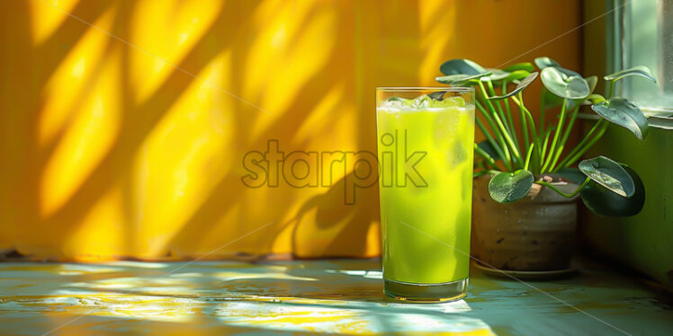 A green cocktail with ice on a yellow background with tropical leaves - Starpik Stock