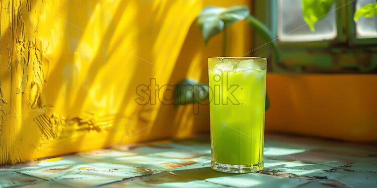 A green cocktail with ice on a yellow background with tropical leaves - Starpik Stock