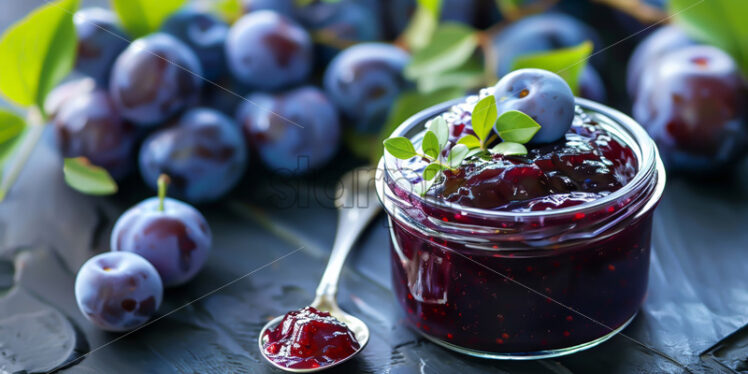 A jar of plum jam on a table - Starpik Stock