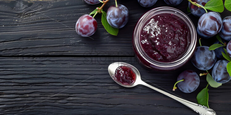 A jar of plum jam on a table - Starpik Stock