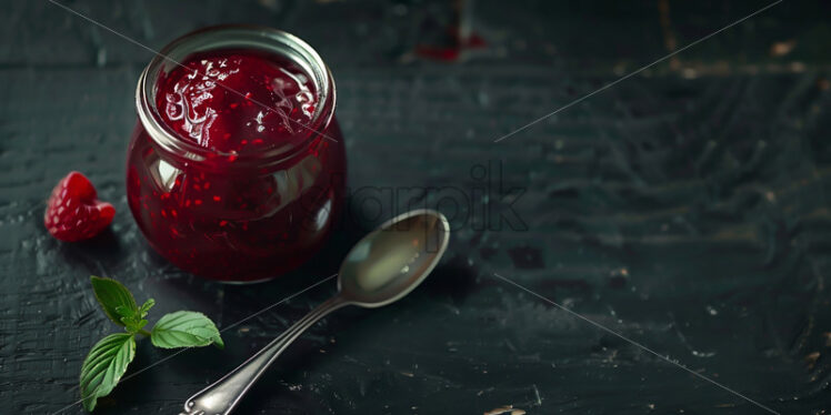 A jar of raspberry jam on a table - Starpik Stock