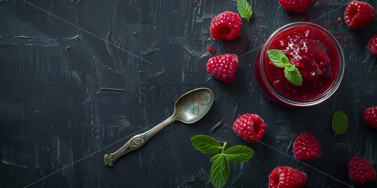 A jar of raspberry jam on a table - Starpik Stock