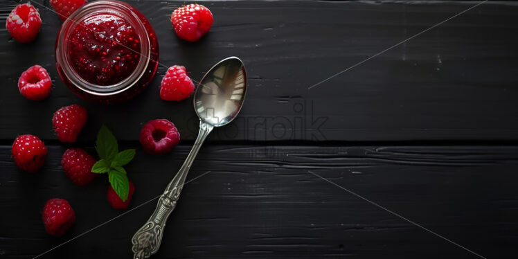 A jar of raspberry jam on a table - Starpik Stock