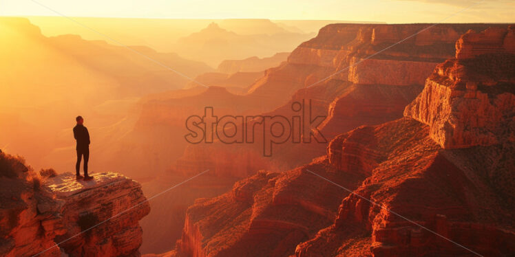 A person admires the sunrise over a canyon - Starpik Stock