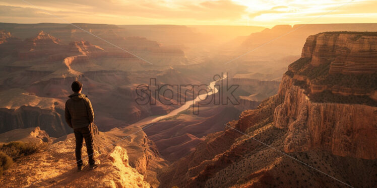 A person admires the sunrise over a canyon - Starpik Stock