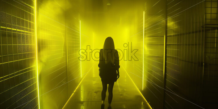 A person in a black and neon green cyberpunk interior - Starpik Stock