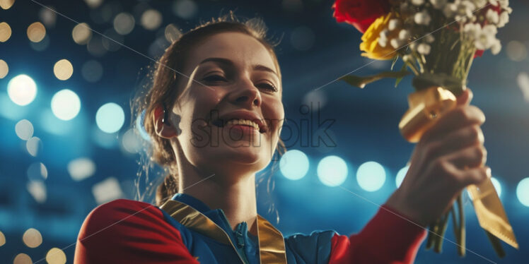 A person on the first place receiving a gold medal and flowers - Starpik Stock