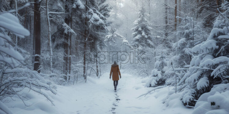 A person walks through a forest in winter - Starpik Stock