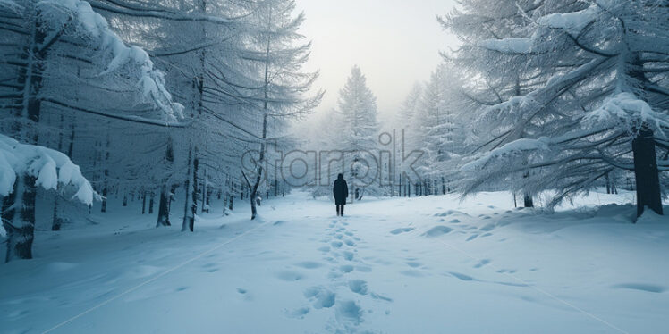 A person walks through a forest in winter - Starpik Stock