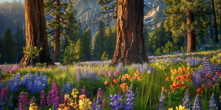 A pine forest on a meadow with colorful flowers - Starpik Stock