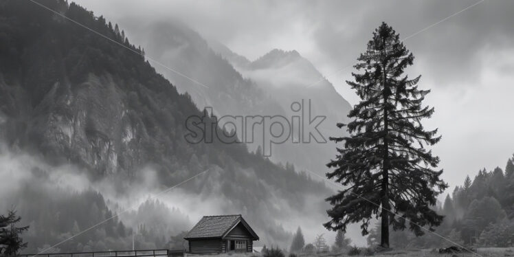 A pine tree next to a house in the mountains, black and white image - Starpik Stock