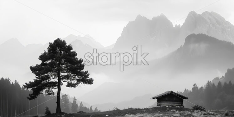 A pine tree next to a house in the mountains, black and white image - Starpik Stock