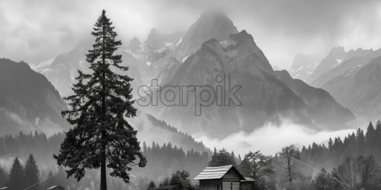 A pine tree next to a house in the mountains, black and white image - Starpik Stock