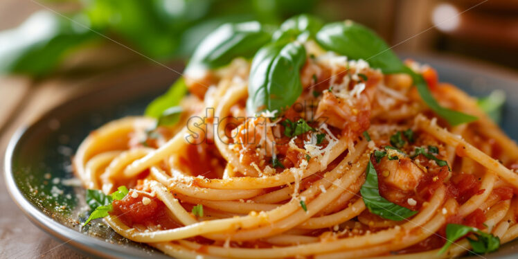 A plate of pasta with cheese, tomato sauce and basil - Starpik Stock