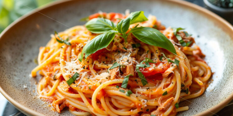 A plate of pasta with cheese, tomato sauce and basil - Starpik Stock