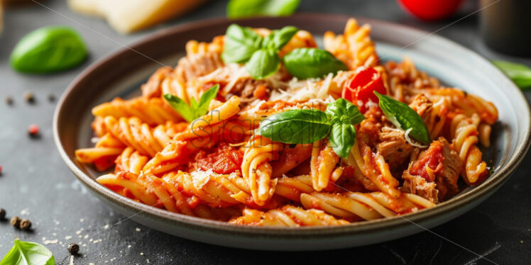 A plate of pasta with cheese, tomato sauce and basil - Starpik Stock