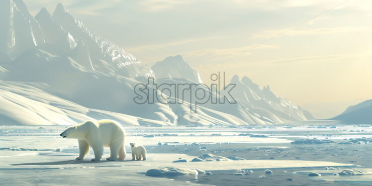 A polar bear and its cub through the snow - Starpik Stock