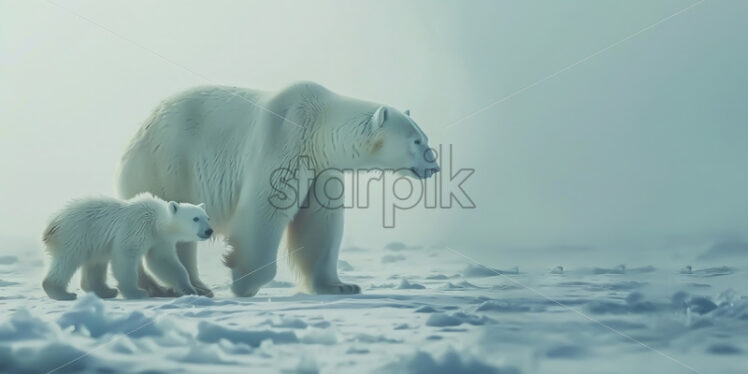 A polar bear and its cub through the snow - Starpik Stock