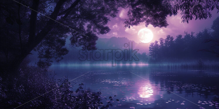 A purple sky with a full moon above a lake in the forest - Starpik Stock