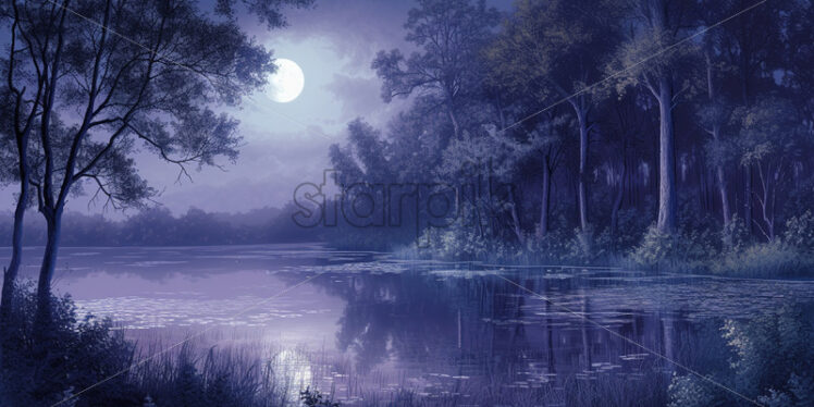 A purple sky with a full moon above a lake in the forest - Starpik Stock