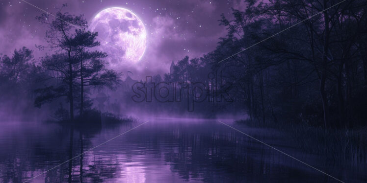 A purple sky with a full moon above a lake in the forest - Starpik Stock