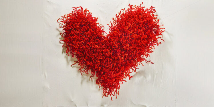 A red heart embroidered on a white cloth - Starpik Stock