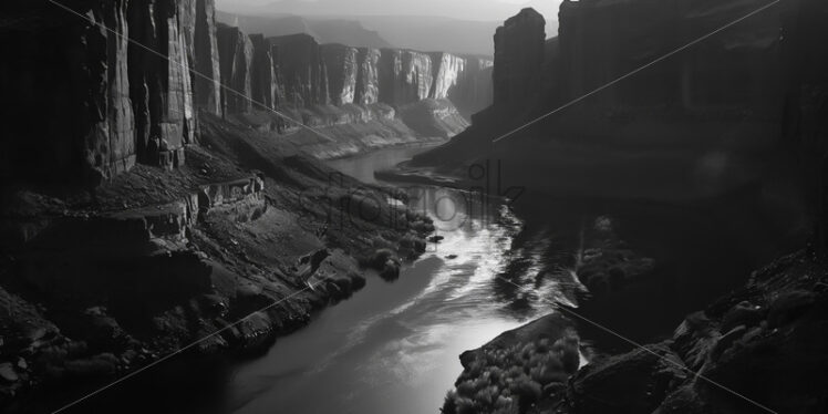 A river among the mountains, black and white image - Starpik Stock