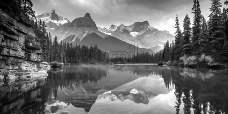 A river among the mountains, black and white image - Starpik Stock