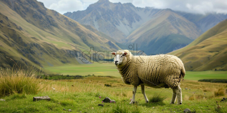 A sheep grazing on a plain in the mountains - Starpik Stock