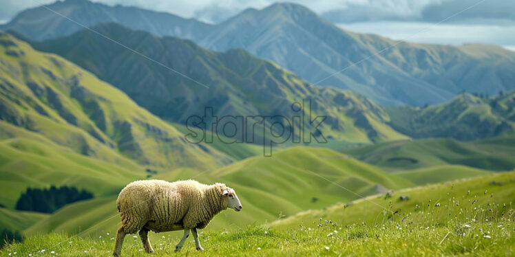 A sheep grazing on a plain in the mountains - Starpik Stock