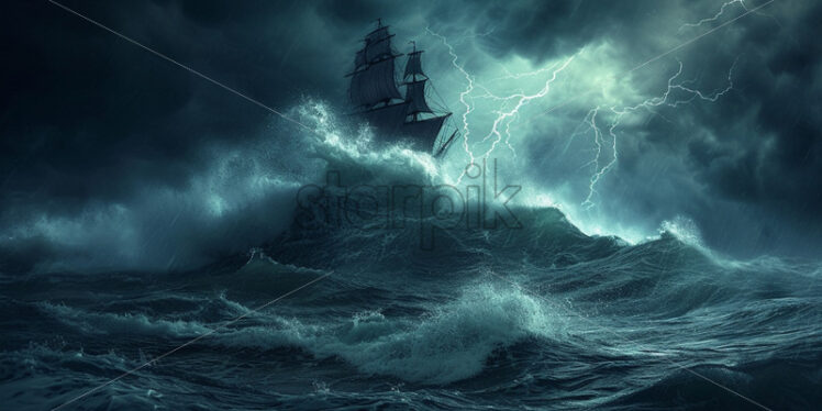 A ship with black sails in the storm at sea - Starpik Stock