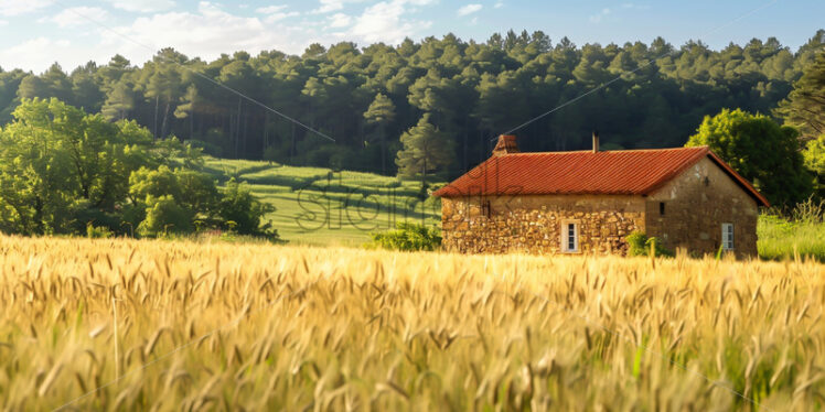 A stone house in a field of wheat - Starpik Stock