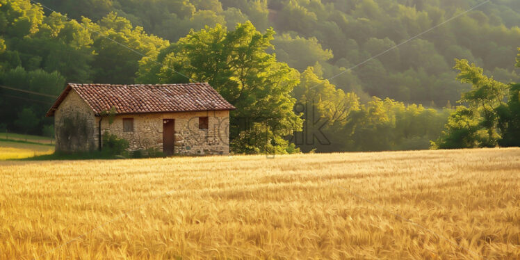 A stone house in a field of wheat - Starpik Stock