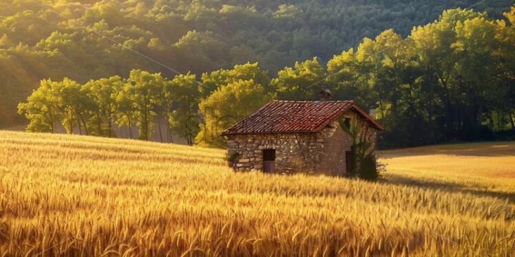 A stone house in a field of wheat - Starpik Stock