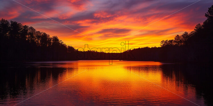 A sunrise over a river in the forest - Starpik Stock