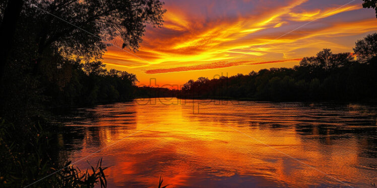 A sunrise over a river in the forest - Starpik Stock