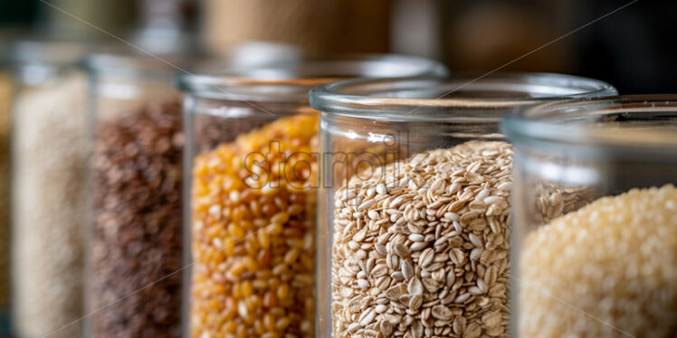 A variety of whole grains in different glass jars - Starpik Stock