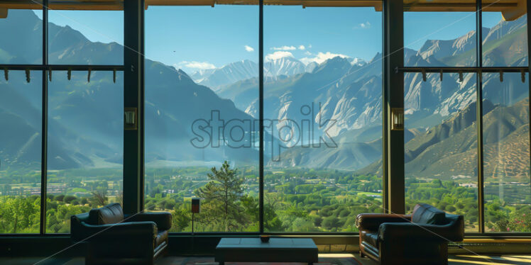 A view of a mountain landscape through a large window - Starpik Stock