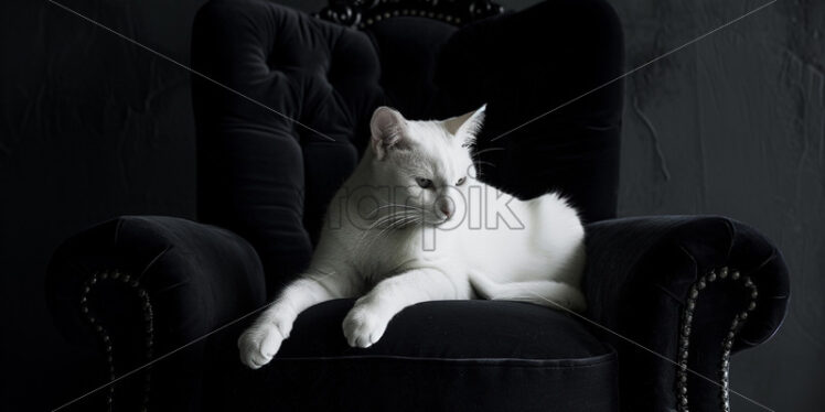 A white cat on a black armchair - Starpik Stock