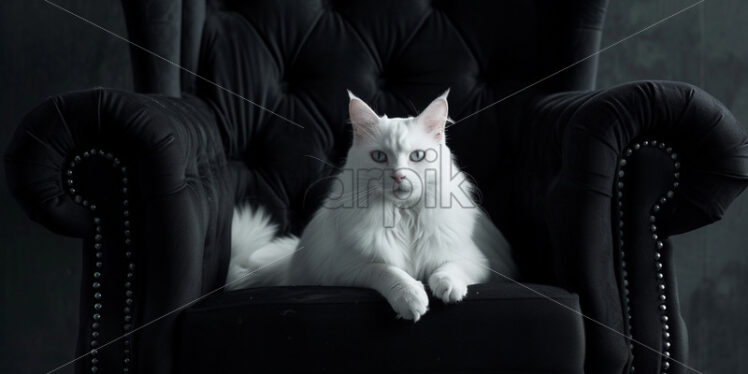 A white cat on a black armchair - Starpik Stock