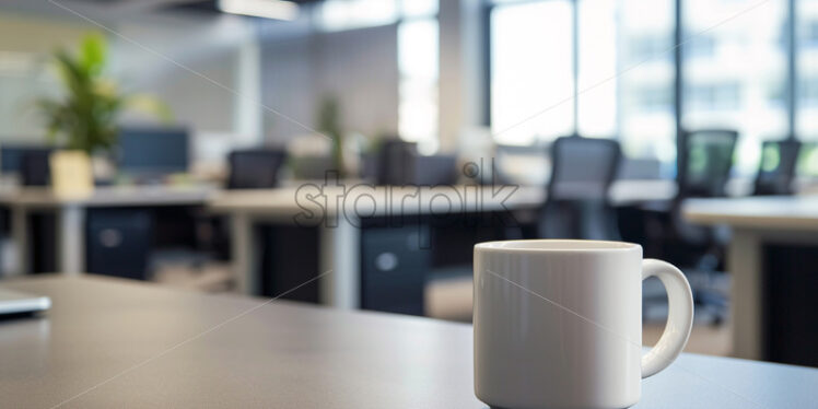 A white cup of coffee on the background of an office - Starpik Stock