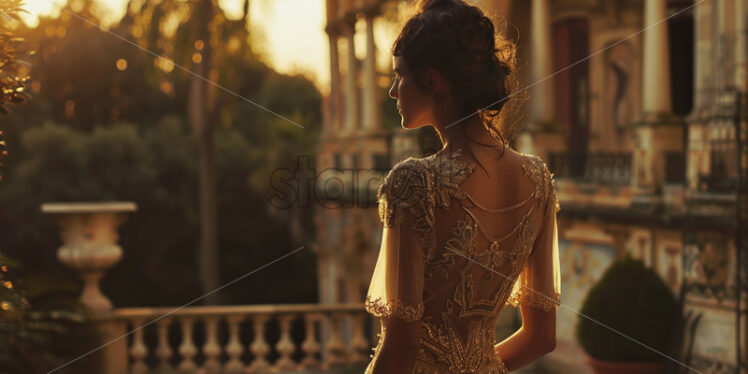 A woman in a dress from the 1920s in the yard of a luxury house from that time - Starpik Stock