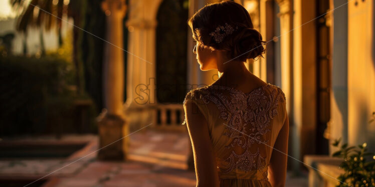 A woman in a dress from the 1920s in the yard of a luxury house from that time - Starpik Stock