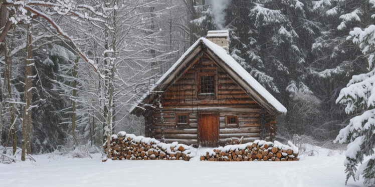 A wooden house in the forest in winter with smoke coming out of the chimney - Starpik Stock