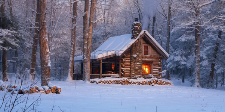 A wooden house in the forest in winter with smoke coming out of the chimney - Starpik Stock