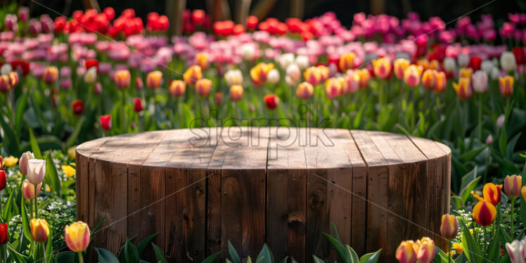 A wooden podium surrounded by tulips - Starpik Stock