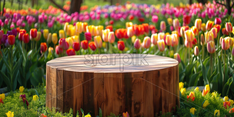 A wooden podium surrounded by tulips - Starpik Stock