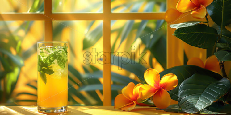 A yellow cocktail with ice on a yellow background with tropical leaves - Starpik Stock